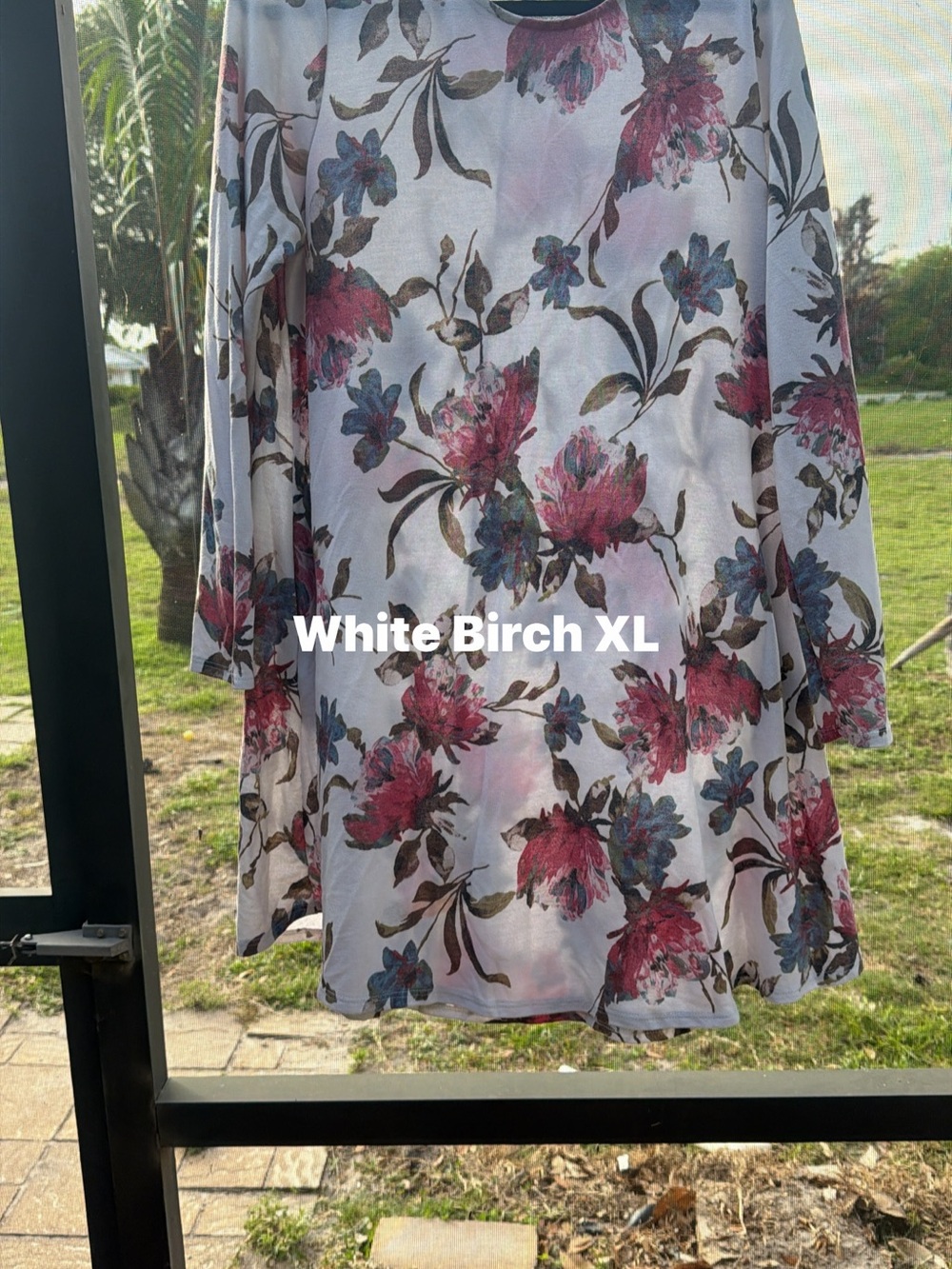 white birch Floral A-Line Long Sleeve Dress in White with Pink & Blue Flowers